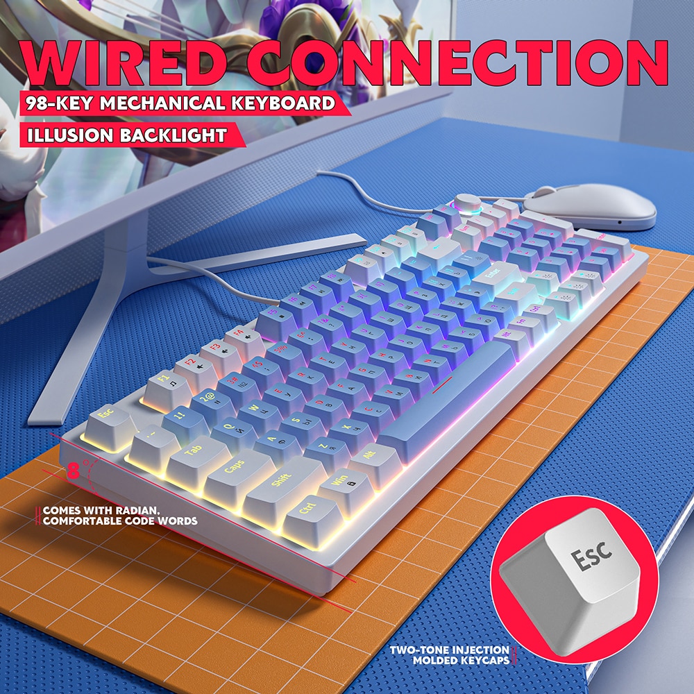 ZA981 Wired Gaming Mechanical Keyboard Russian/English Backlight Gamer Keyboard 98 Keys Knob light control Type-C Hot-swap. 