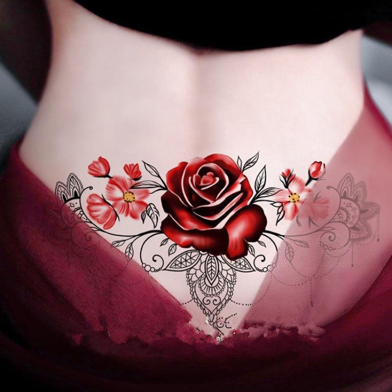 Half tattoo attached to the belly wings lace rose flowers cover the belly and lower abdomen real woman one piece cross. 