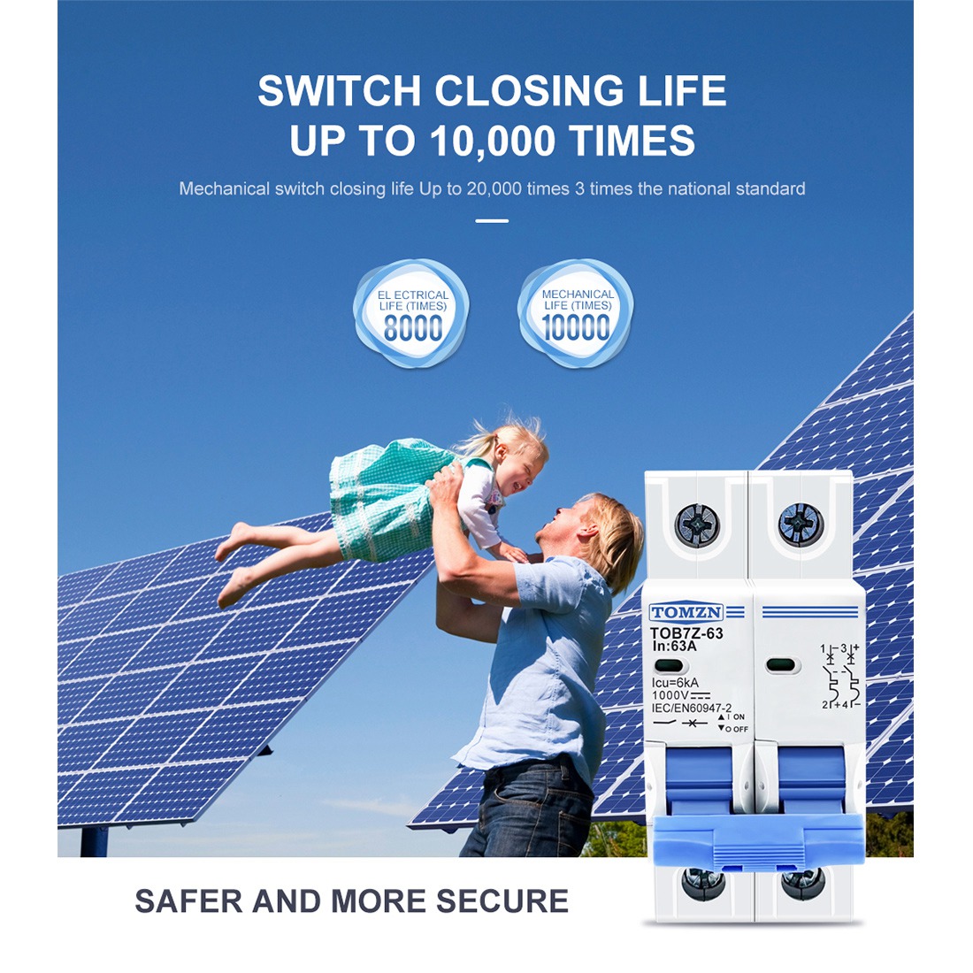 TOMZN 2P DC 1000V Solar Mini Circuit Breaker DC MCB Circuit Breaker for PV System. 