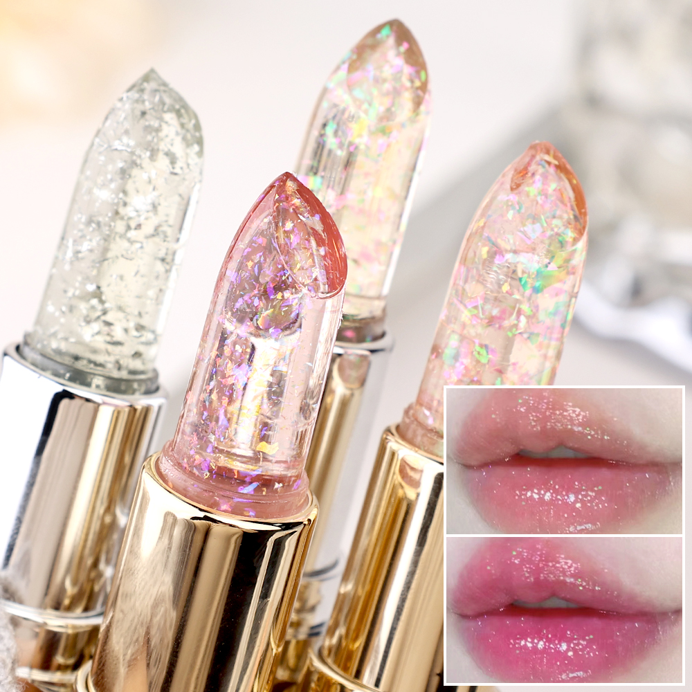 Soft Jelly Lipstick Color Changing Glossy Hydrating Moisturizing Glitter Lipstick Sparkling Sequins Turning Red Shade Lip Balm
