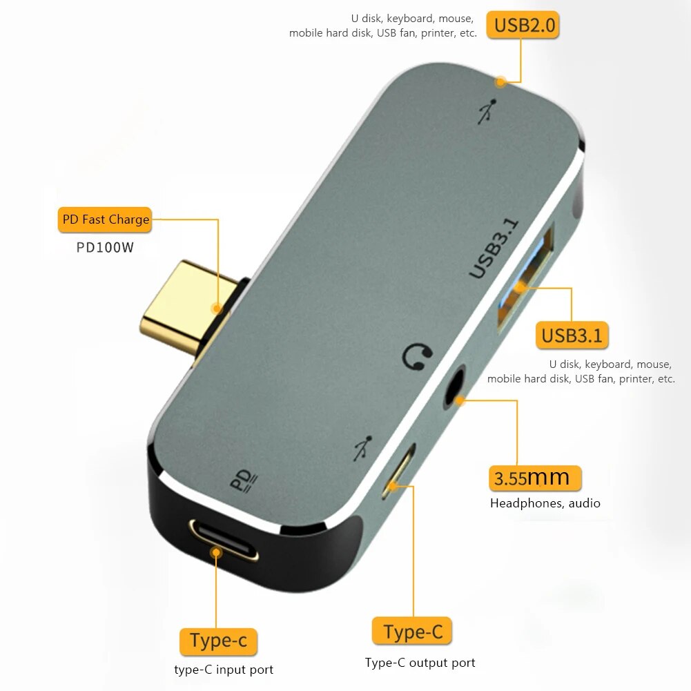Multi-function 6 in 1 Type-C Hub 3.55mm Jack PD100W USB3.0/USB2.0/USB3.1 HDMI-Compatible USB Extender Hub. 