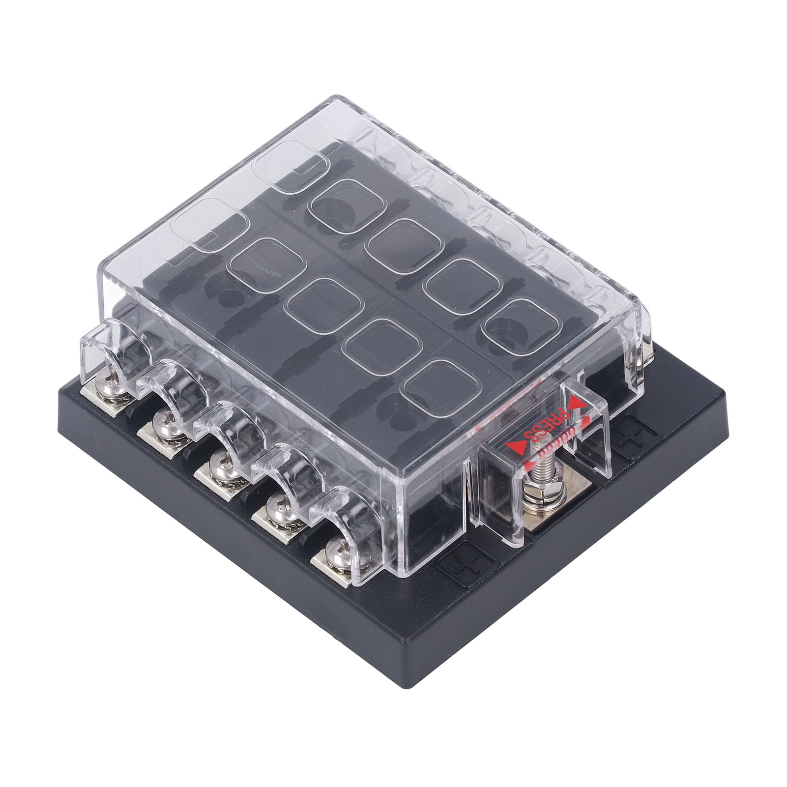 Automotive Fuse Box, 12-36VDC Flame Retardant ABS 10 Way Fuse Block with Sticker Labels for Medium Insert Fuses. 