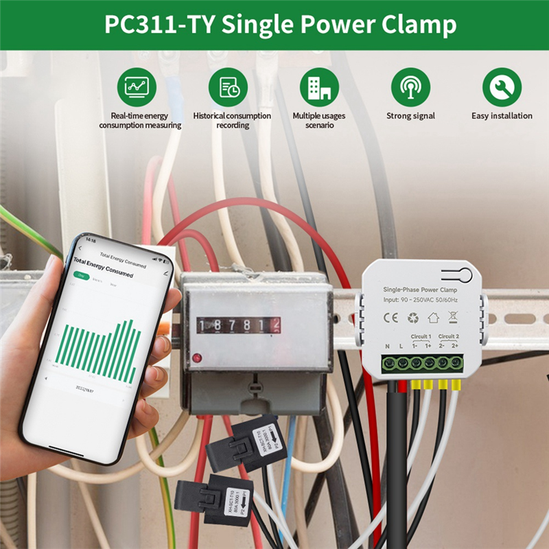 Tuya Smart WiFi Energy Meter 80A with Current Transformer Clamp KWh Power Monitor Electricity Statistics 90- 250V(1CT). 