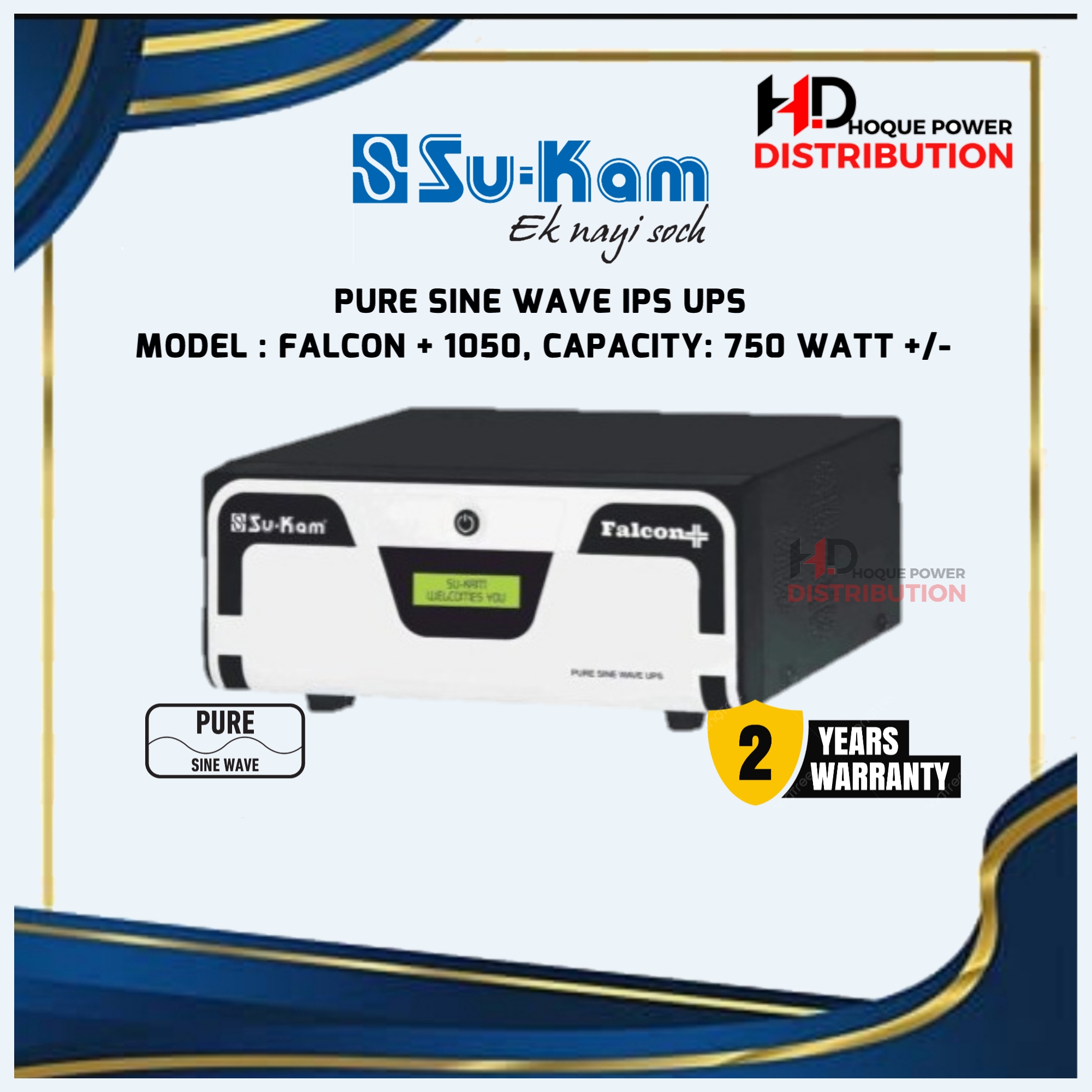 SUKAM PURE SINE WAVE IPS FALCON + 1050 750 WATT FOR 5 FAN 8 LIGHTS SINGLE BATTERY SYSTEM