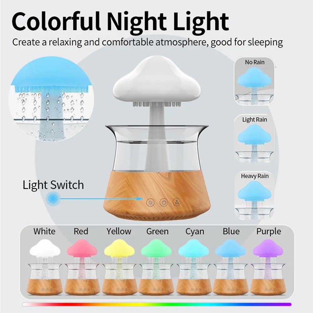 300ml/450ml Mushroom Air Humidifier Aroma Diffuser Rain Cloud Humidifier Relax Water Drops Sounds with 7 Colors LED Night Light