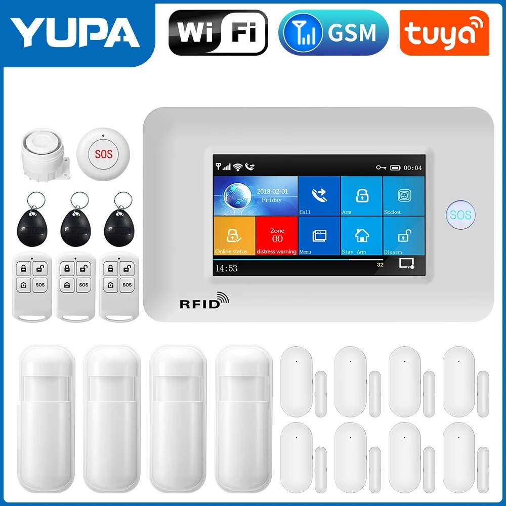 YUPA Burglar Home Security Alarm System 4.3 Inch Touch Panel WIFI GSM Wireless With Motion Sensor TUYA App Compatible With Alexa. 