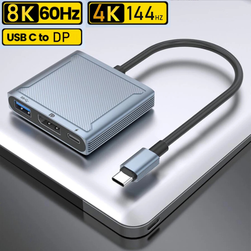 USB C To DisplayPort 1.4 Dock Converter 8K 3-In-1 Type C To DisplayPort 1.4 Cable Docking Station PD Charging USB Hub For Laptop