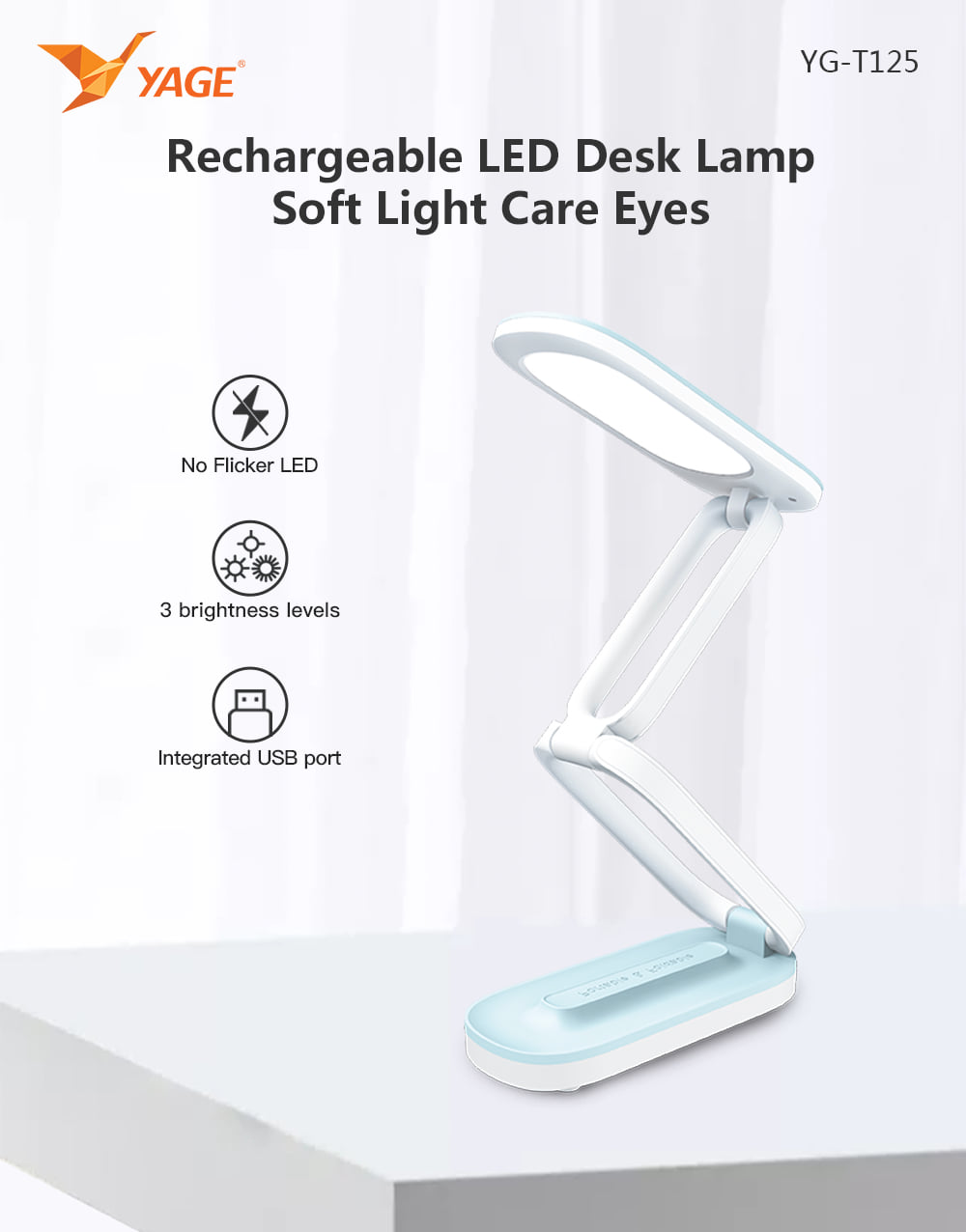 YAGE YG-T125 Rechargeable LED Desk Lamp with Adjustable Brightness and Eye-Caring Technology - table lamp. 