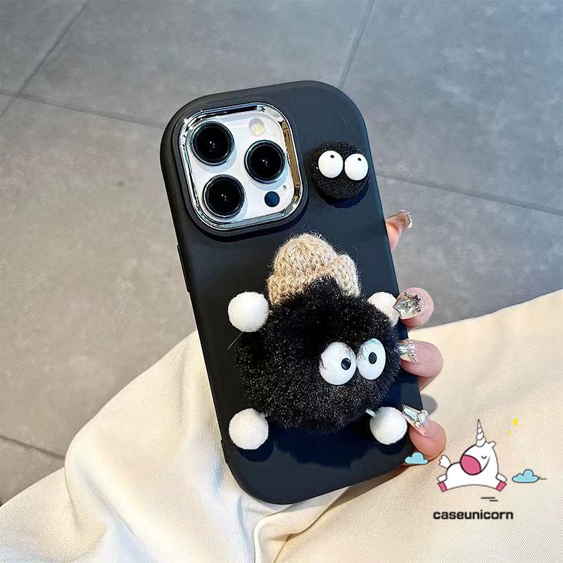 Electroplate Metal Lens Soft Casing Compatible for IPhone 7Plus 13 11 12 14 15 Pro Max 8Plus XR X XS Max 6S 7 8 15 6 Plus SE 2020 Cartoon Couples Cute 3D Small Plush Coal Ball Cover
