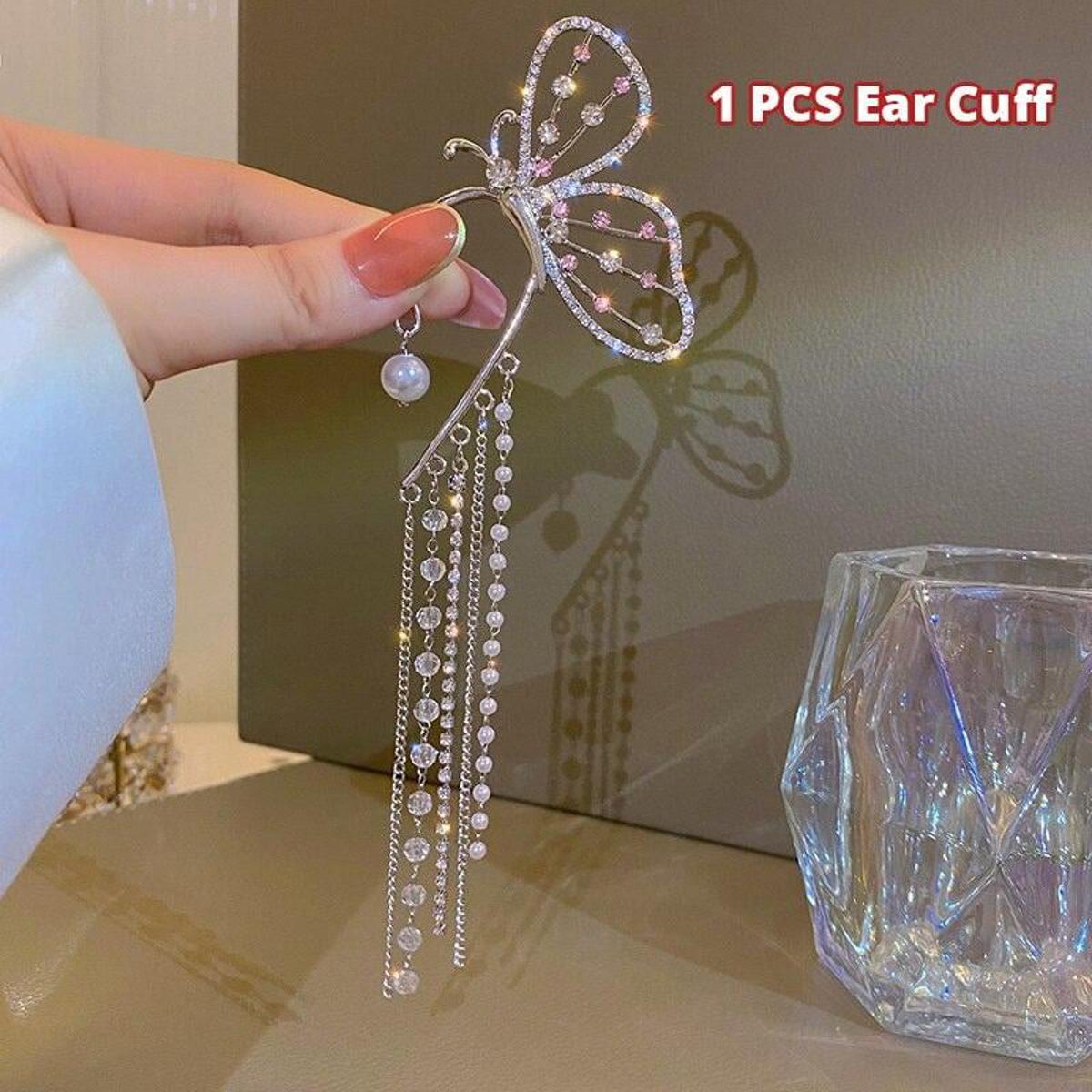 Fashion Crystal Butterfly Clip On Earring Pearl Bead Ear Cuff Long