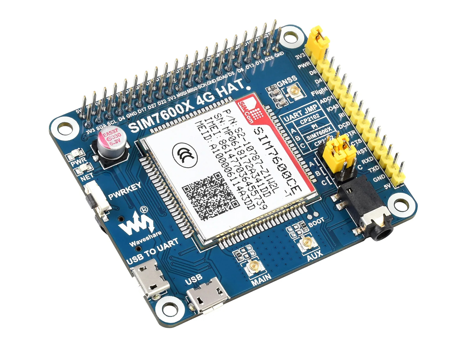 Waveshare SIM7600CE 4G HAT For Raspberry Pi, LTE Cat-4 4G / 3G / 2G Support, Positioning, For China. 