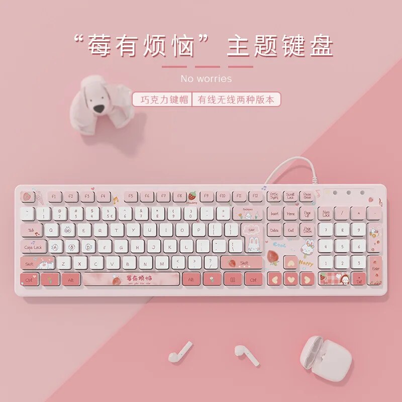 Kawaii Wired Keyboards Pink Wireless Keyboard Gaming Accessories Cartoon Cute Chocolate Mute Keyboard Notebook Desktop Computer. 