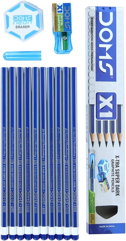 Doms X1, X-Tra Super Dark Pencils - 10pcs With Free 1 NEON HEX Eraser & 1 CRYSTEL Sharpener.. 