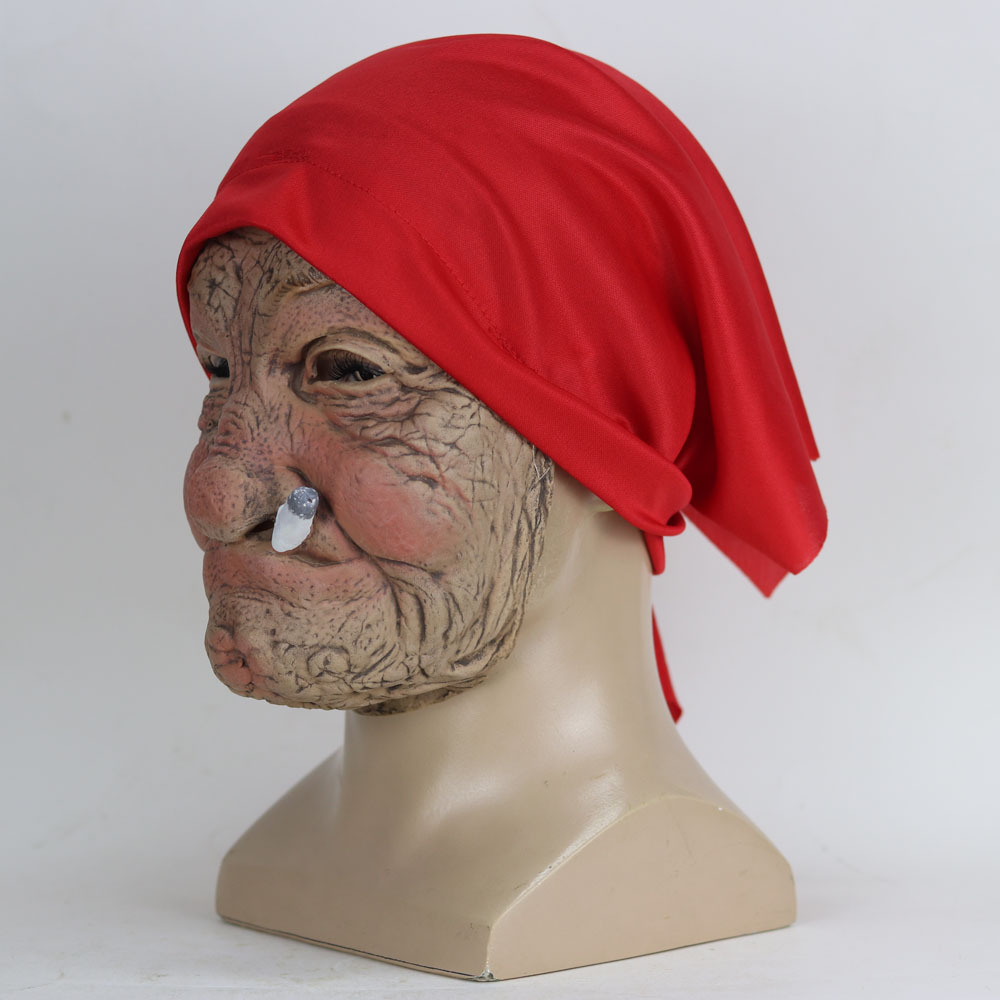 2024 Funny Smoking Granny Old Nana Latex Mask Lady Grandma With Wrinkled Face and Red Scarf Masks Halloween Party Costume Props. 