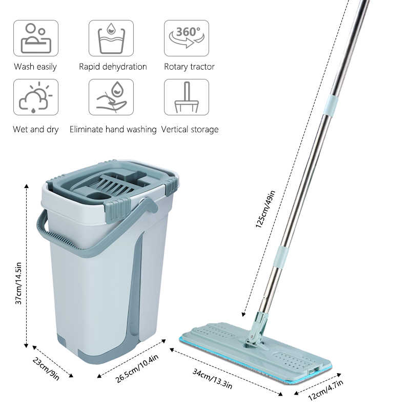 NEW Touchless Mop Flat Floor Wash Mops Bucket Magic Cleaner Self-wring Squeeze Double Side Household Cleaning Automatic Drying Lazy Mop Floor Mop. 