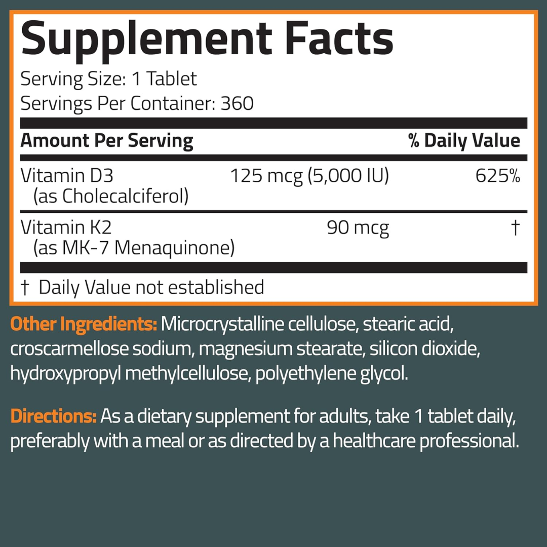 Bronson Basics Vitamin K2+D3 (MK7) Supplement - 360 Tablets. 