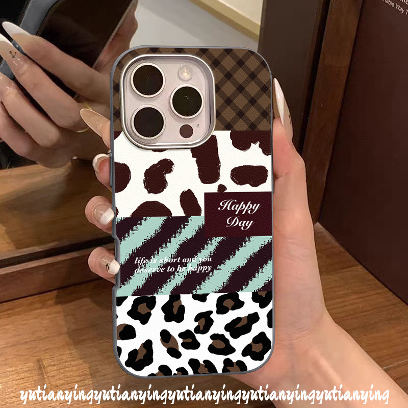 Retro Leopard Print Lattice Splice Skin Feel Leather Texture Case Compatible for IPhone 16 11 15 13 14 12 Pro Max 16Plus 16 14 15 Plus X XR XS Max Luxury 2 in 1 Metal Lens Frame Cover. 