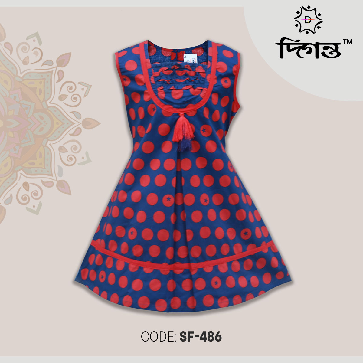 Navy Blue Red Cotton Frock For Girls Sf-486