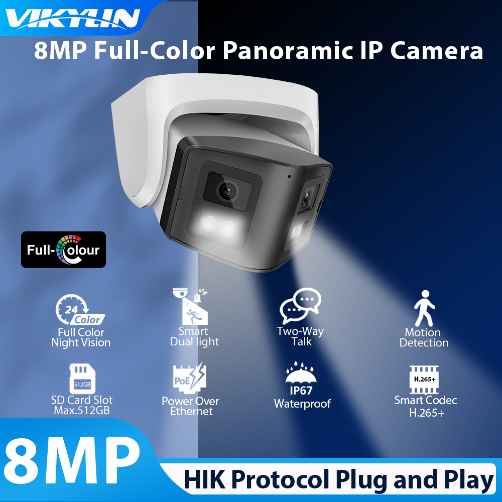 Vikylin 8mp IP Camera for Hikvision Compatible POE MD2.0 smart Dual Lights Two-way Talk Home CCTV 180° panoramic Security Camera
