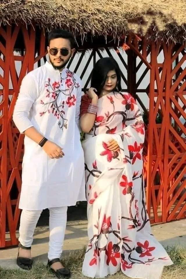 Stylish & fashionable New Hand Print Matching best/Coupple Dress/For Men & Women / Saree & Panjabi/ (Combo Set)) - Panjabi - Panjabi For Men