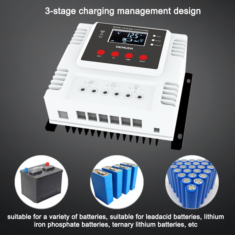 PWM Intelligent Solar Charges Controller Mobilephone App Control Real-time Data Monitoring Device LED Display 12V/24V Controllers for Leadacid Ternary Lithium and Lithium-iron Batteries-06. 