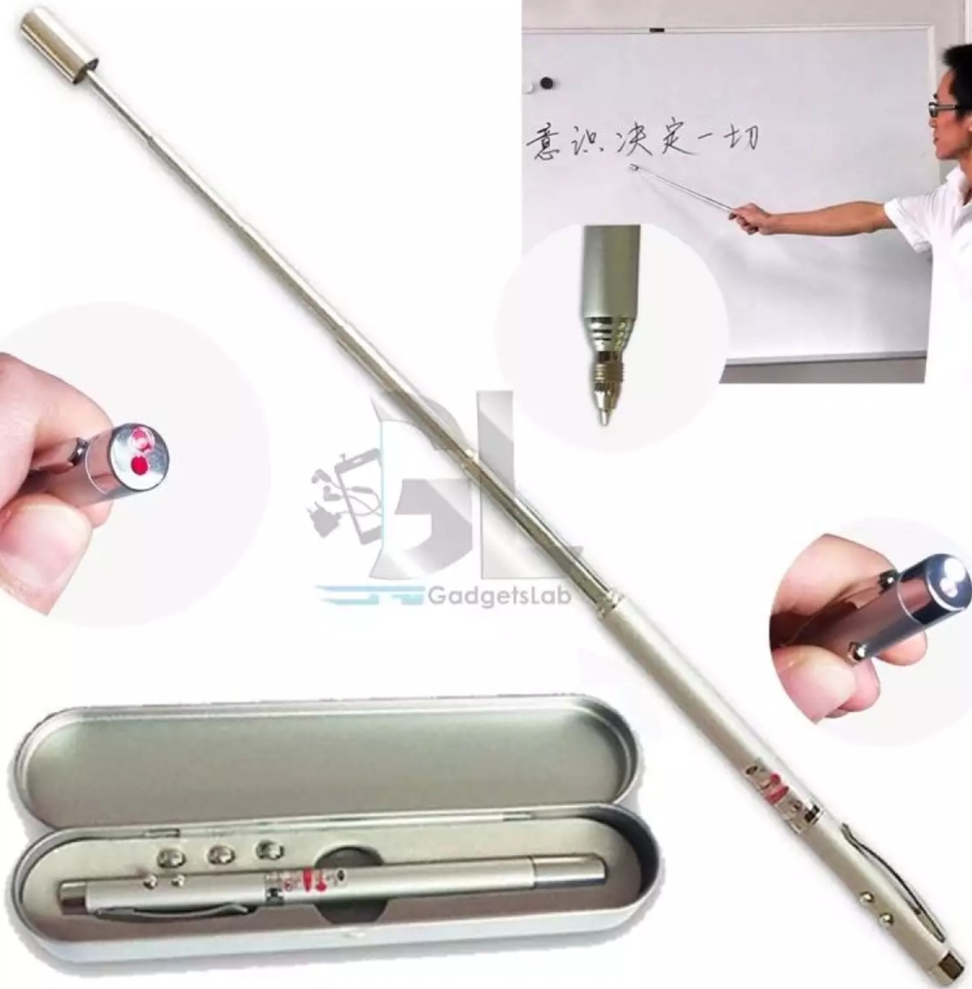 Lase.r pen MULTI FUNCTION 4 in 1 Red Lase.r Pointer LED Light Lamp Ball Pen Torch Telescopic Pointer to Teach Silver. 