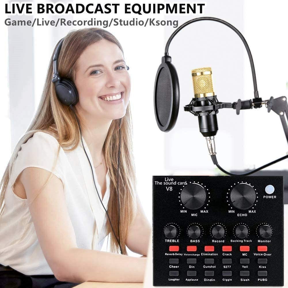 BM 800 Microphone & V8 Sound Card-Singing Broadcast Condenser Recodingg Studio light ,Live Music, TikTok, live Facebook for phone Computer audio Entertainment Sound Re_cording Microphone & Sound card. 