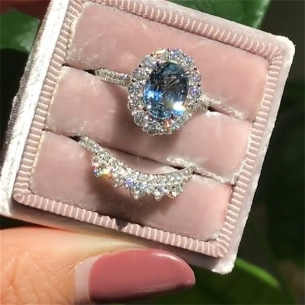 wish New Style Silver Oval Lake Blue Zircon Ring Fashion Ladies Two-Piece Set Diamond-Studded Ring