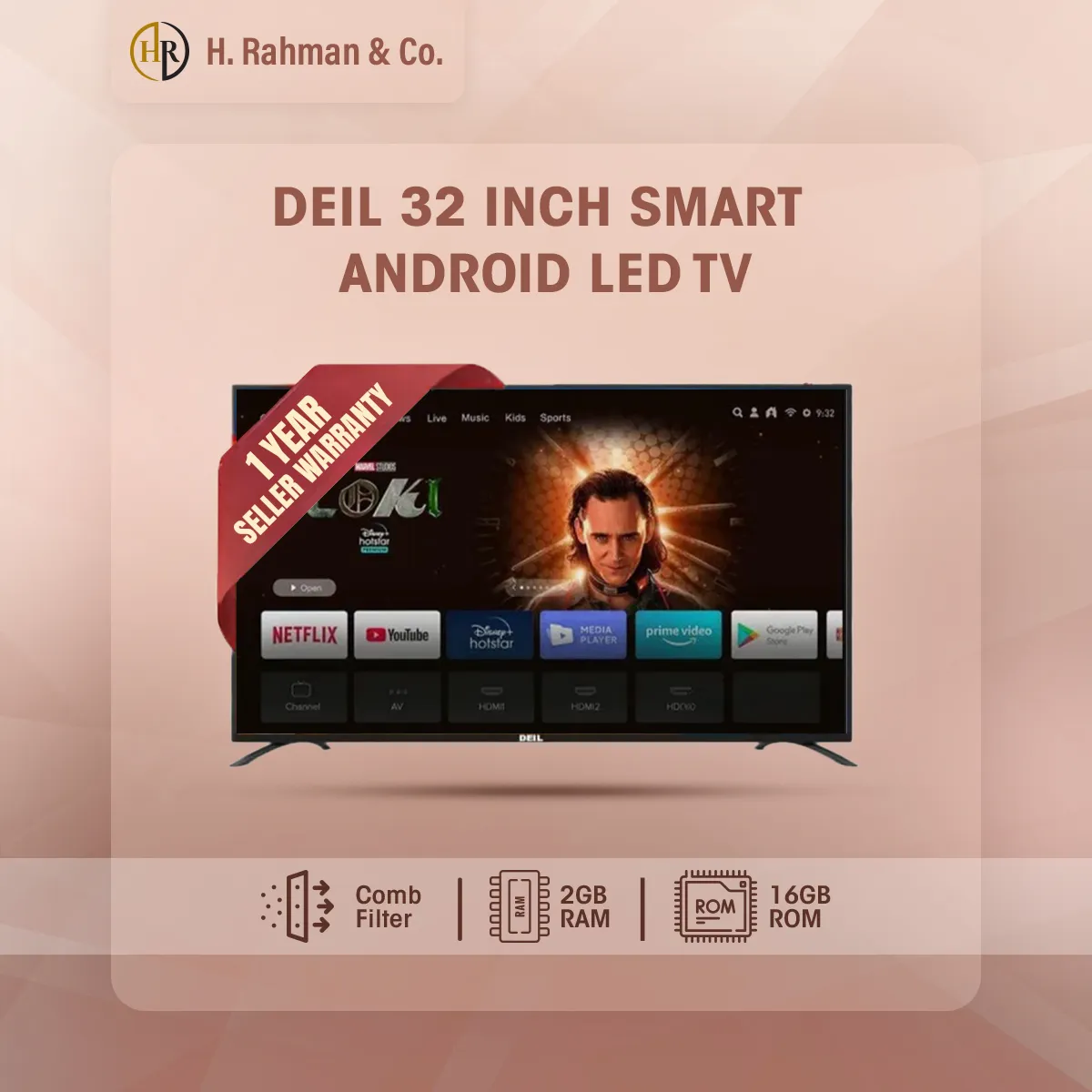 DEIL 32-inch Smart Android LED Television - 2GB RAM, 16GB ROM