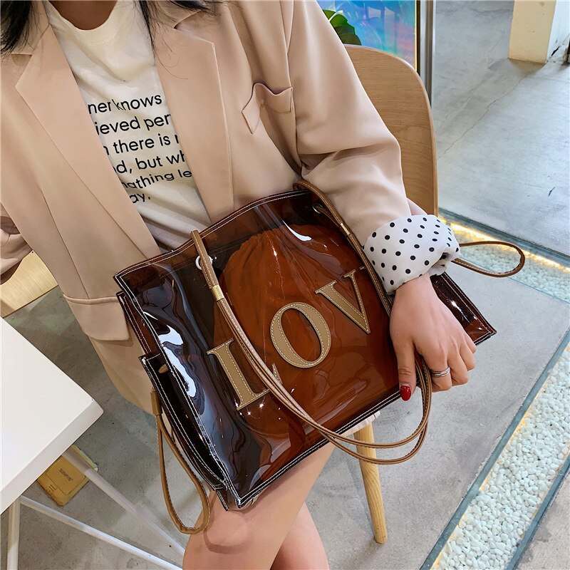 New Fashion Korean Version Foreign Air Bag Large Capacity Transparent Brown Jelly One Shoulder Messenger Tote Bag. 
