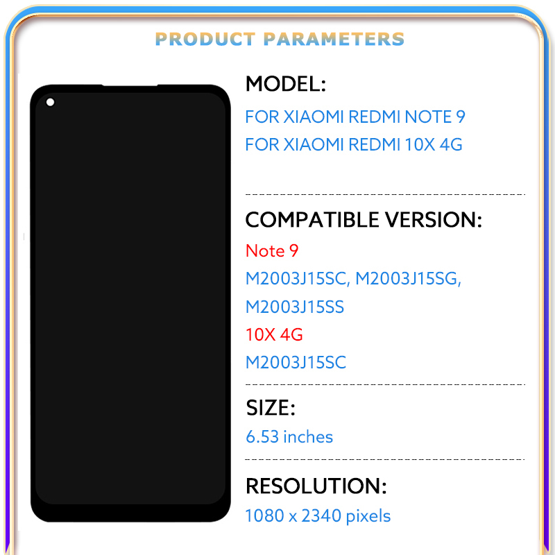 For Xiaomi Redmi Note 9 / 10X 4G LCD Display Touch Screen Digitizer M2003J15SC M2003J15SG M2003J15SS LCD Display Replace Parts. 
