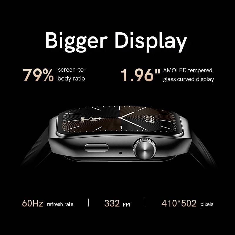 QCY GS2 Smart Watch 1.96 inch Amoled 60Hz High Resolution Display Bluetooth Calling IPX8 Waterproof 24 Hours Heart Rate Monitor SPO2 Sensor 100+ Sports Modes Smartwatch for Men and Women. 