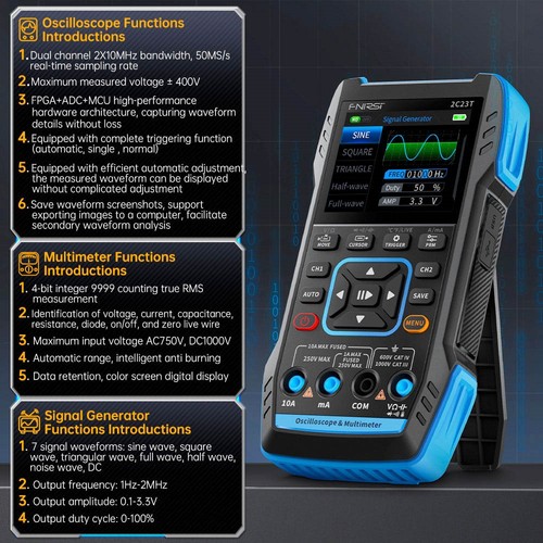 FNIRSI 2C23T 3 in 1 Digital Oscilloscope Multimeter Signal Generator + P6100 Probe, 2 Channels, 10MHz Bandwidth, 50MSa/s Sampling Rate, 9999 Counts. 