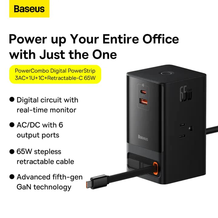 Baseus GaN Charger Gan5 Pro Power Combo Digital Power Strip 3AC 1U 1C Retractable-C 65W with 1.5m power cord CN Black. 