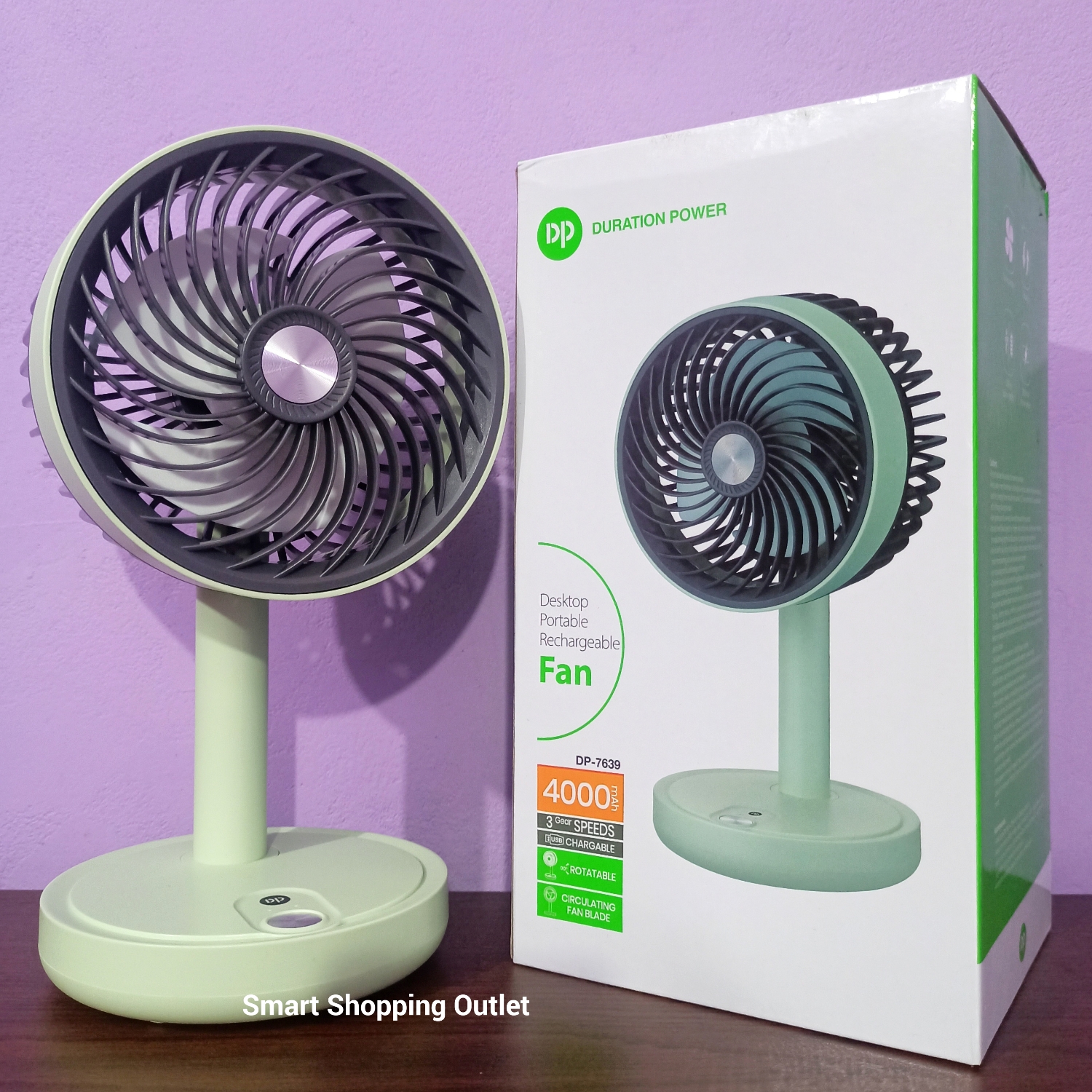 DURATION POWER DP-7639 Rechargeable 4000mAh Battery Three Speed Modes Up-Down Adjustable Desk Fan. 