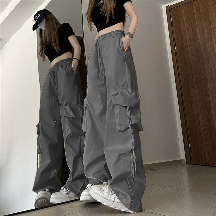 American-Style Retro Thin Quick-Drying Overalls for Women High Waist Slimming All-Matching Straight Wide Leg Casual Mopping Trousers Trendy Summer. 