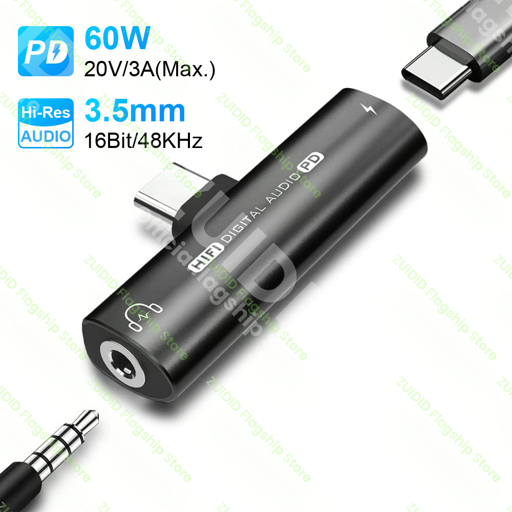 2in1 USB Type-C to USB C/3.5mm DAC Earphone Adapter PD60W Fast Charge Headphone Audio Aux Converter 16bit/48kHz Digital Decoder. 
