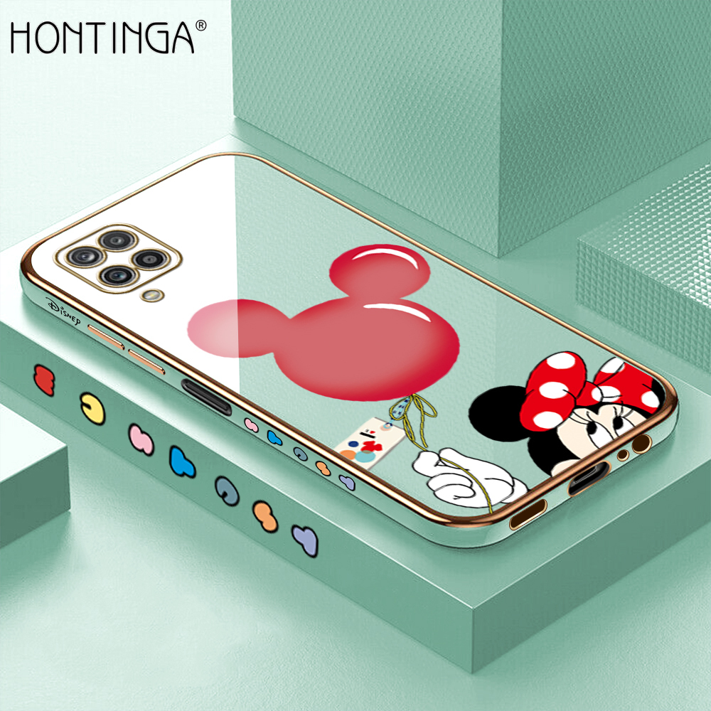 Hontinga for Samsung M12 A12 4G/5G Back Cover + Free Lanyard Luxury 6D Plating Cartoon Balloon Mouse Side Pattern Case Soft Silicone Square Mobile Cover