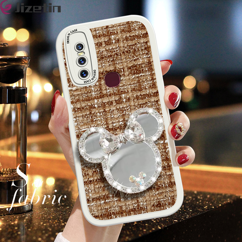 Jizetin for Vivo V15 Back Cover Shiny Bowknot Makeup Mirror Fabric Texture Back For Girls Soft Silicone Edge Phone Case