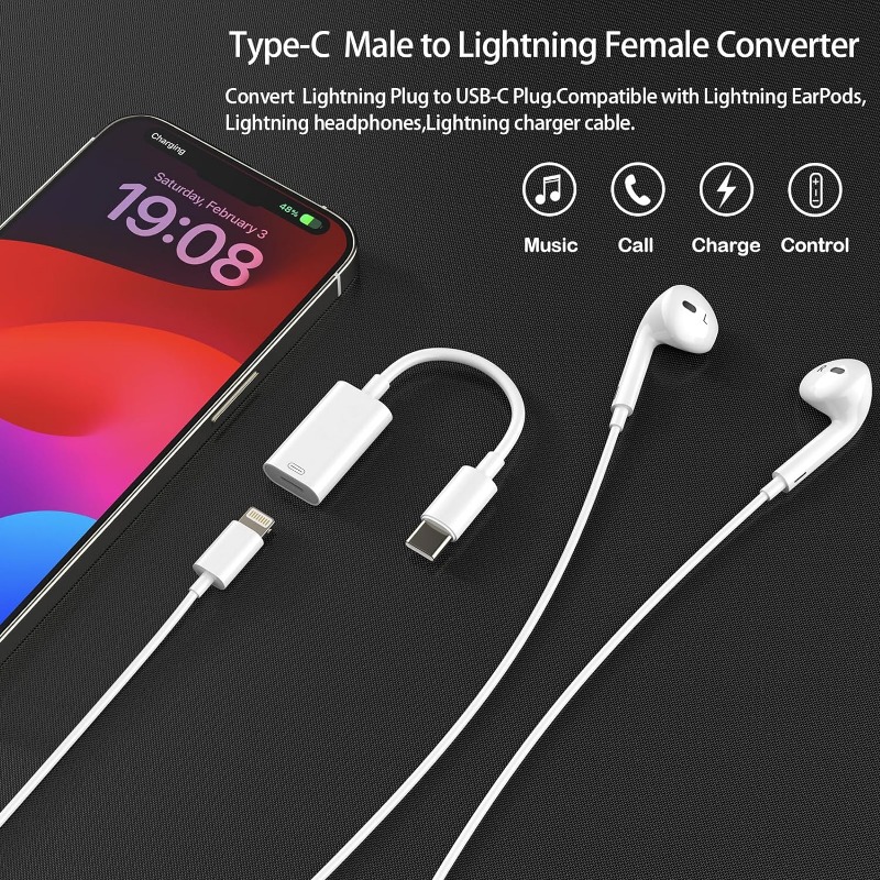 USB-C Male to Lightning Female Adapte, Type-C to Lightning Audio Adapter for Apple EarPods, iPhone 15, iPad, MacBook Pro. 
