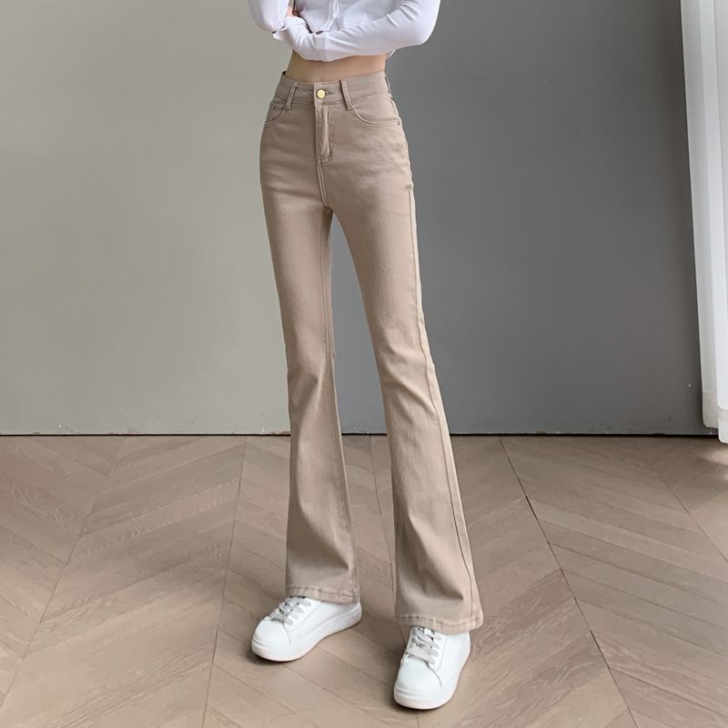 Khaki Versatile Stretch Bootcut Jeans Women's Pre-Fall 2024 New High-Waisted Slim Thin Flared Pants. 