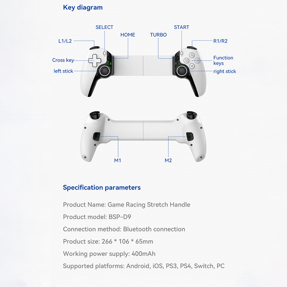 D9 Stretching Extendable Game Console Telescopic Game Controller With 2 Customization Back Keys Wireless Gaming Controller Compatible For Switch/PS3/PS4 Smart Phone Tablet. 