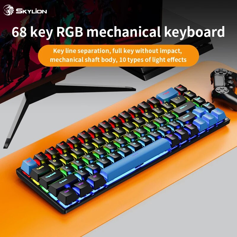 SKYLION K68 Wired Mechanical Keyboard 10Kinds of Colorful Lighting Gaming and Office For Microsoft Windows and Apple IOS System