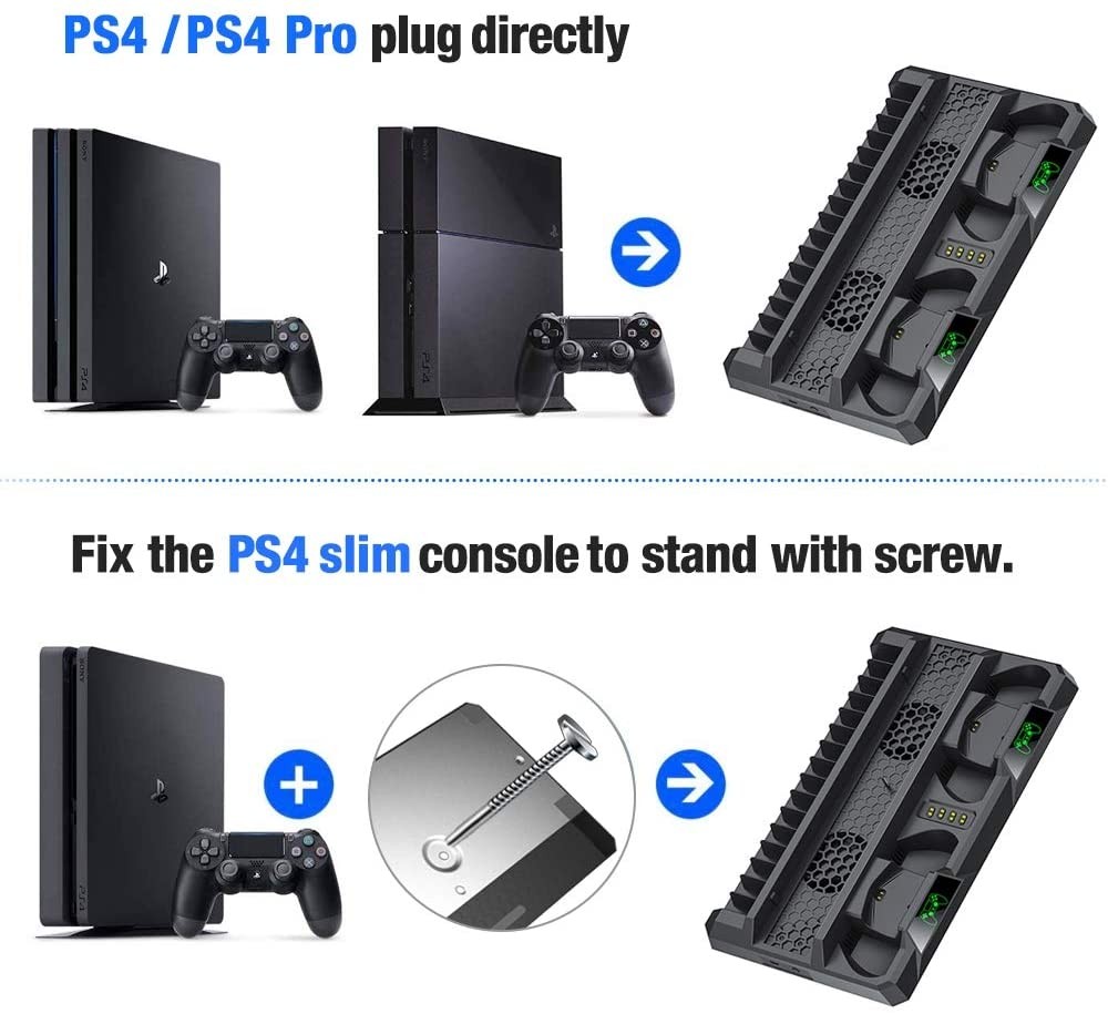 PS4 Stand Cooling Fan for PS4 Slim / PS4 Pro/Playstation 4, PS4 Pro Stand Vertical Stand Cooler with Dual Controller Charge Station & 16 Game Storage brand new and high quality. 
