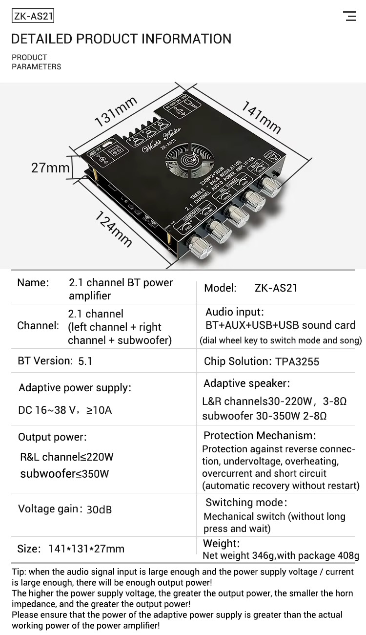 AS21 220W*2+350W 2.1 Channel TPA3255 16V-38V DC Bluetooth Digital Power Amplifier Board Module High and Low Tone Subwoofer Audio APP Similar ZK-AS21 CA-AS21. 