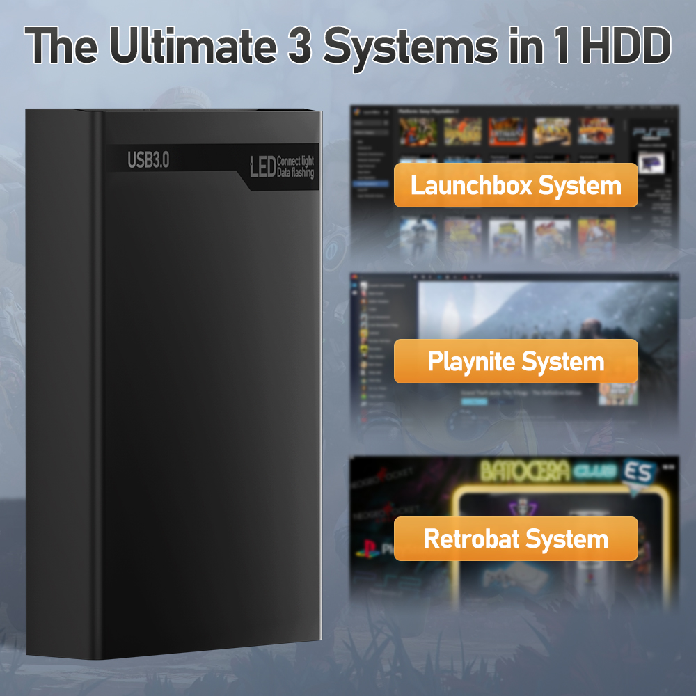 500G Retro Gaming HDD Video Game Console Retrobat＆Playnite＆Launchbox OS for XBOX/PS3/PS2/Switch/Wii/WiiU/DC/NES with 38200+Games. 