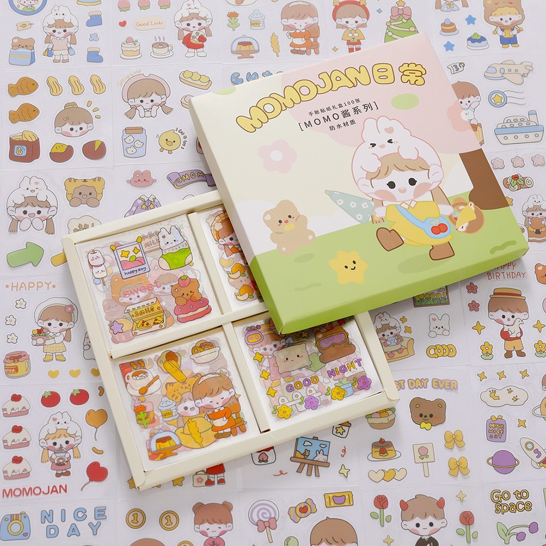 cute stickers 100 pcs, made of PET, waterproof and transparent water cup, pasted with decorative small pattern cartoon hand account material sticker, no need to cut, tear and use, 100 pieces, no repeated stickers, increase the small happiness of life