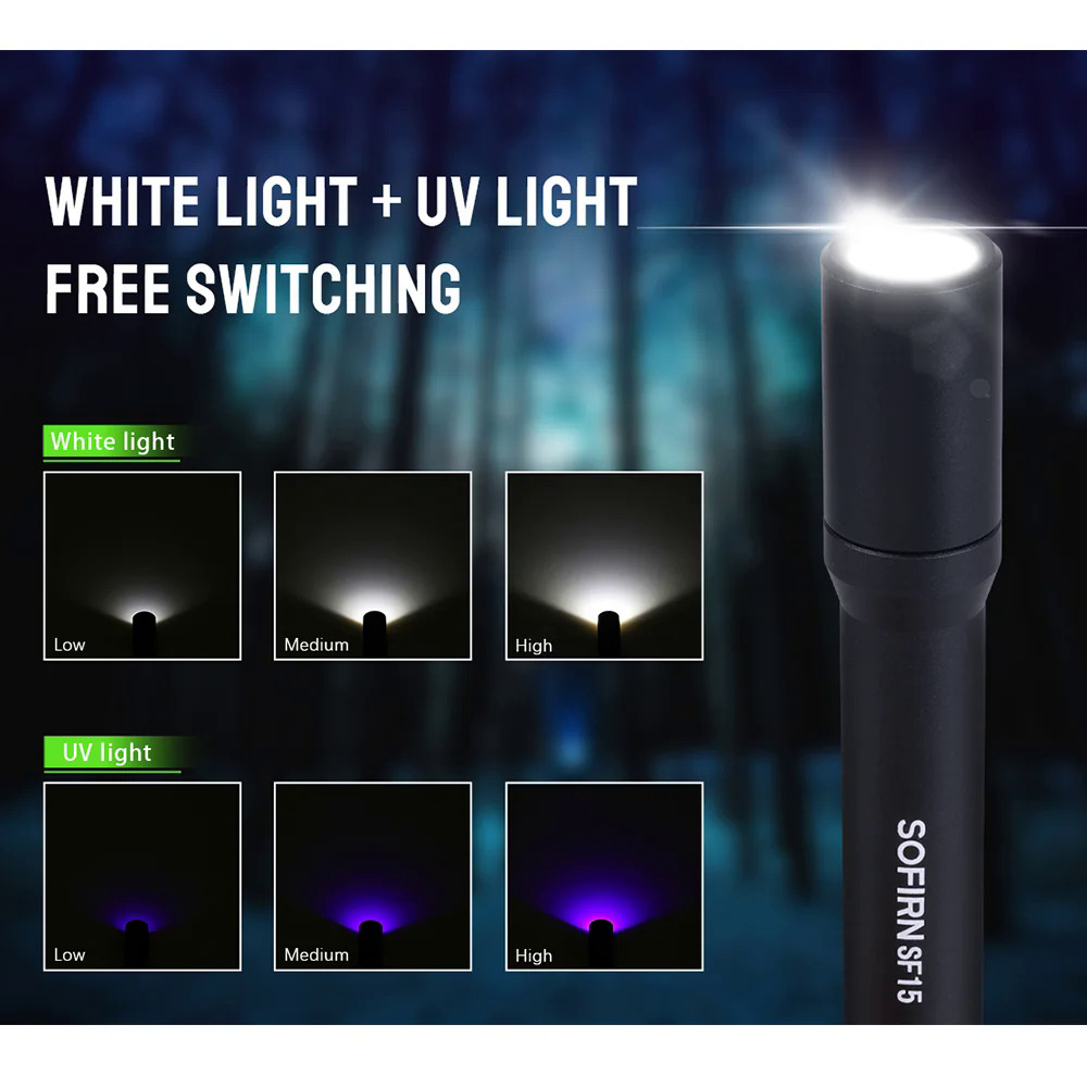 Sofirn sf15 300lm UV LED flashlight rechargeable AAA powerful pen flashlights durable led waterproof IP68 lightweight portable. 