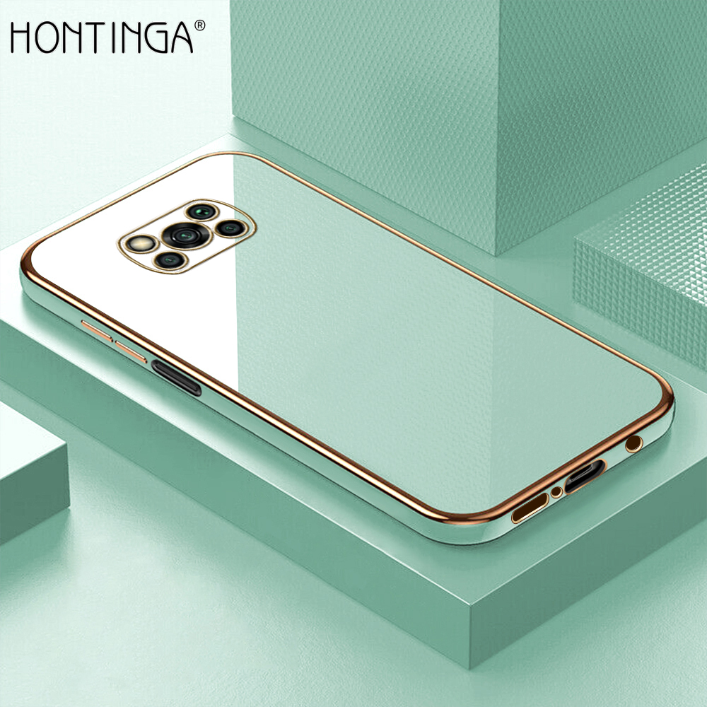 Hontinga for Xiaomi Poco X3 Pro / Poco X3 NFC Back Cover + Free Lanyard Luxury 6D Plating Frame Shiny Bling Case Soft Silicone Square Mobile Cover