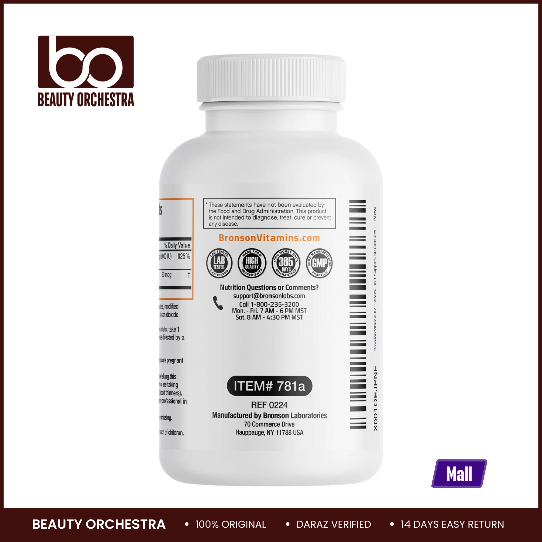 Bronson Vitamin K2 MK-7 Plus Vitamin D3 - 60 Capsules (D3 5000iu & K2 90mcg). 